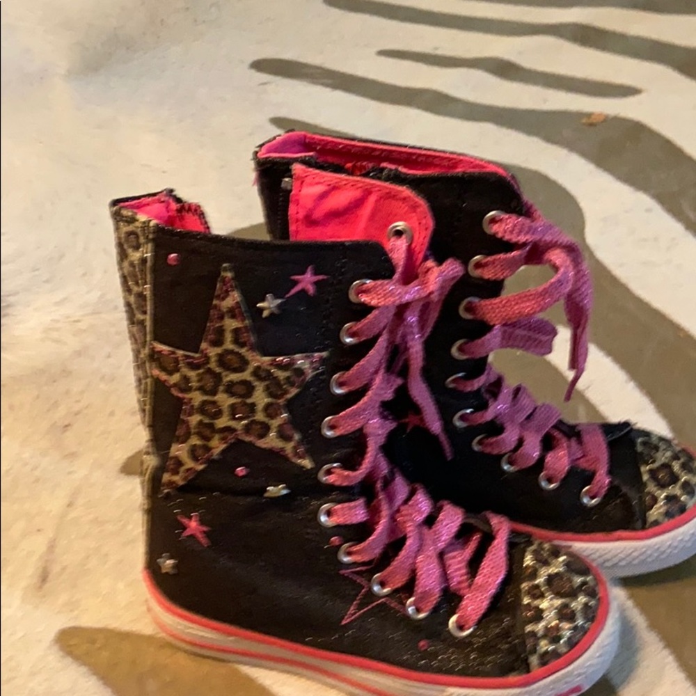 Animal print and pink/black high top sneakers
